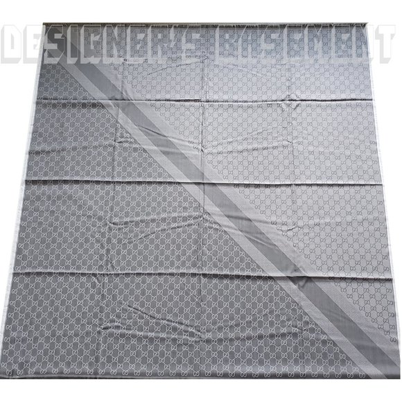GUCCI 2-tone Steel Gray GGWEB giant 55"-sqr wool/silk pashmina shawl scarf NWT - Picture 4 of 7